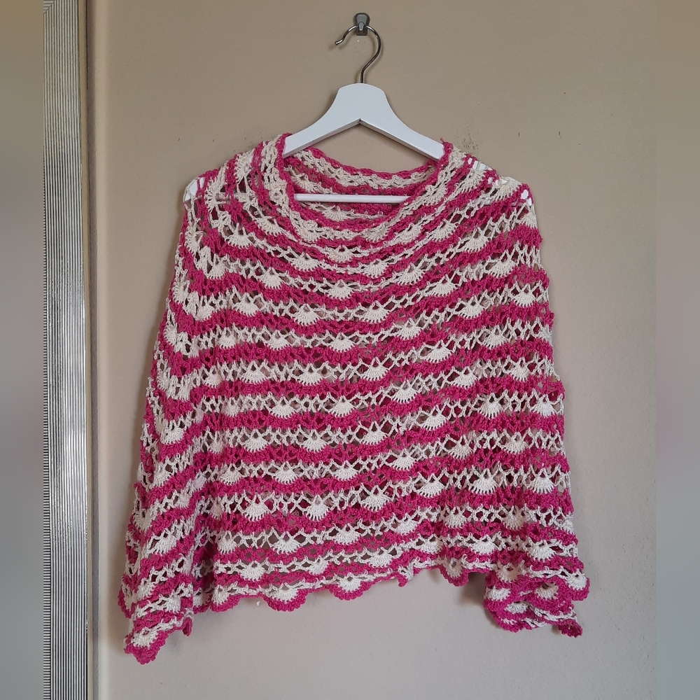 Pink White Crochet Wrap Poncho Cape Striped Boho Bohemian Cottage Eclectic